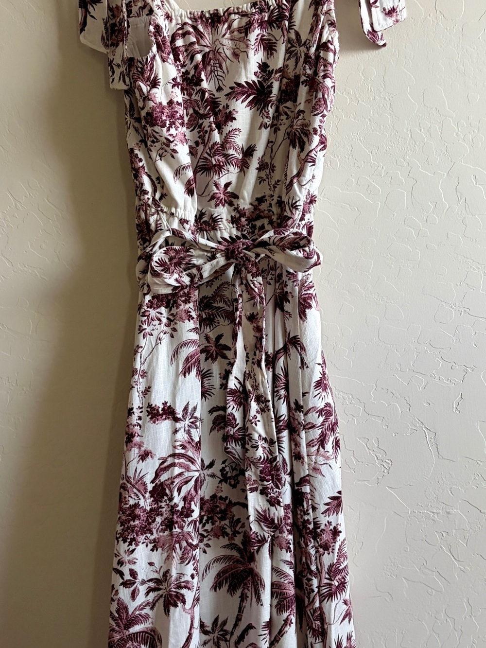 LC Lauren Conrad White Midi Dress with Burgundy Tropical Print